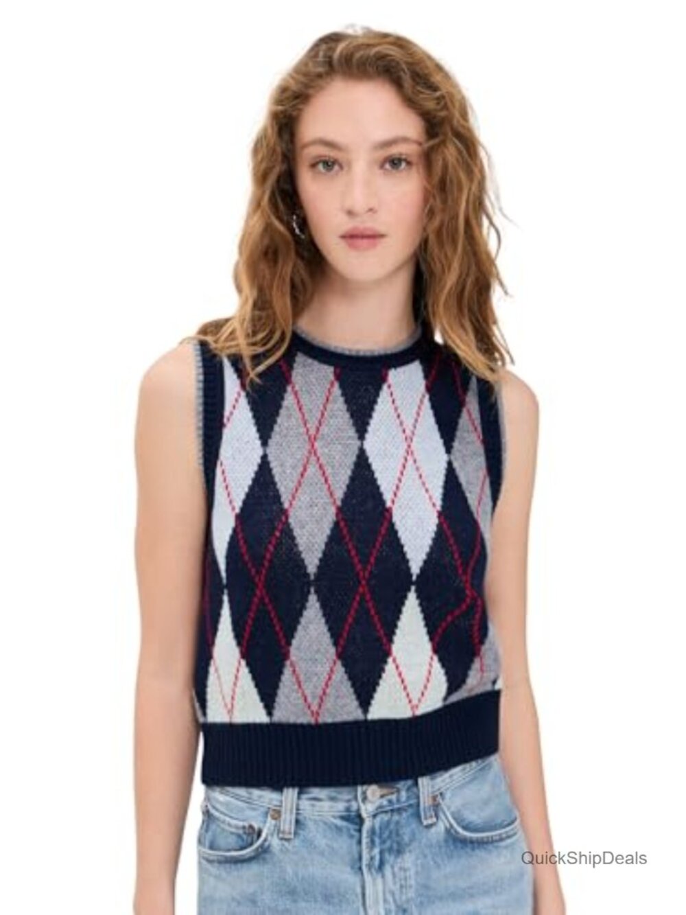 Sleeveless Argyle Sweater Vest Crew Neck Preppy Layering